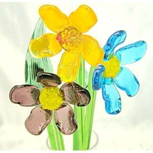 NEW Hand Blown Glass Cosmo Flowers & Leaf Set with Glass Vase 
