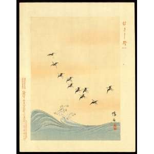  Japanese Print . Group of birds flying over the ocean 