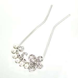   Rhinestone & Pearl 2 Prong Bridal Hair Stick Fork Butterfy Beauty