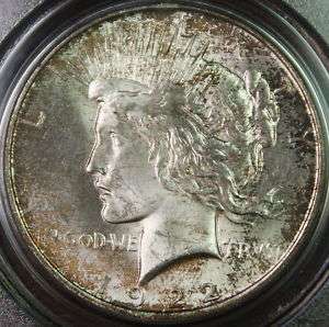 1922 D Peace Silver Dollar Coin, PCGS MS 63 Toned  