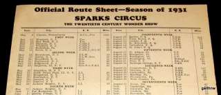 SPARKS CIRCUS 1931 OFFICIAL ROUTE SHEET & SCHEDULE  