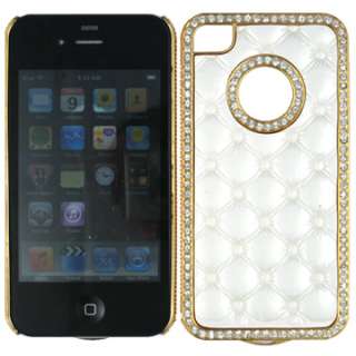 DIAMOND BLING FACEPLATE CASE COVER APPLE IPHONE 4 4S WHITE LEATHER 