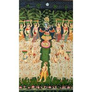 Krishna Enchants both Gopis and Cows   Water Color Painting On Cotton 