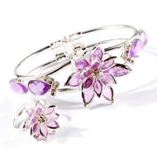 vogue purple cuff bracelet+finger ring set crystal opal  
