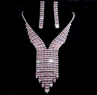 Necktie Rows Pink White Rhinestone Necklace Earring Set  