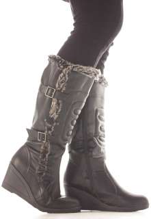 Ladies Wide Calf Leg Women Black Wedges Knee High Boots Size 3 4 5 6 7 