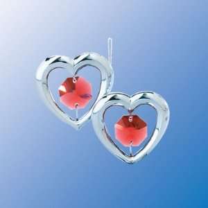 Chrome Mini Twin Hearts Ornament   Red Swarovski Crystal  