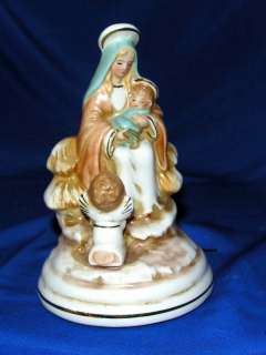 VTG 1960 CERAMIC XMAS REVOLVING MARY/BABY JESUS/ANGEL MUSIC BOX 
