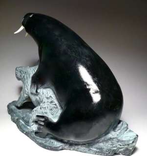 SPECTACULAR WALRUS AND BEAR FIGHT CARVING BY ABRAHAM ULAYURULUK FROM 
