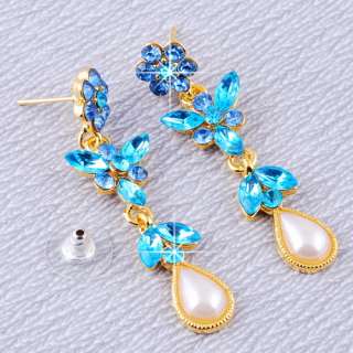 Blue Flower Drop Rhinestone Imitate Pearl Golden Necklace Dangle 