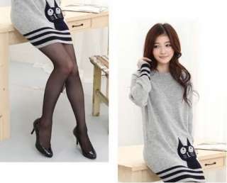 New Korea Womens Gray Lovely Cat Crewneck Knit Sweater  