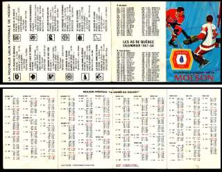1967 68 MOLSON NHL & QUEBEC ACES HOCKEY SCHEDULE *RARE*  
