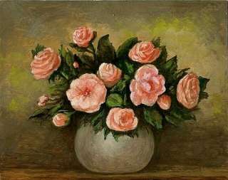 FRAMED OIL PAINTING FRENCH GLORIOUS PINK ROSES BOUQUET  