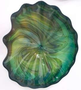 HAND BLOWN GLASS ART WALL PLATTER BOWL GREEN MARBLE #2587 ONEIL  