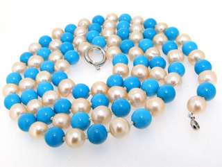 Long 36 Necklace Freshwater Cultured Pearl Blue Turquoise Gemstone 