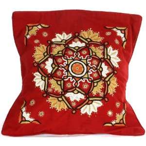  Maroon Hand Embroidered Paako Cushion Cover from Kutch 