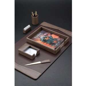   Brown Leather Executive Desk Set with Brass Accenting 