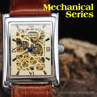 Deluxe Rectangle Skeleton Mechanical Hollow Wrist Watch  