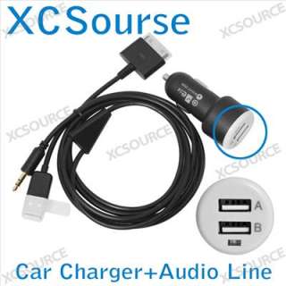 2A USB Car Charger Adapter Audio Line Out Cable for iPhone4 4S iPod 