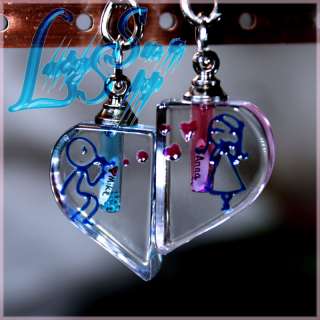 Pair Personalized Name on Rice Clear Crystal Heart Pendant Key Chain 