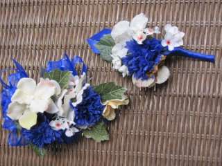 Dark Blue & Wh Corsage & Boutonniere Prom Set Bachelor Buttons 