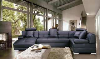 Large Contemporary Black Sectional Sofa with Chaise   Modern, L U 