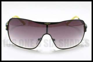 SPORTY Shield Designers Sunglasses Metal BLACK YELLOW  