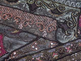 Vintage Sari Indian Bedding Ethnic Wood Beadwork Black Bedspread 