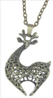 3D Giraffe Animal Heart Horn Vintage Bronze Pendant Necklace  
