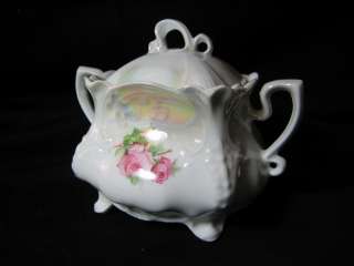 antique square pink roses double handle sugar bowl  