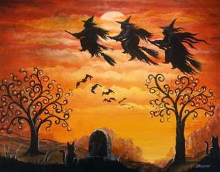 Folk Art Three WITCHES FLYING HALLOWEEN PRINT  