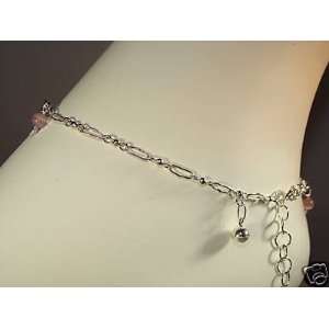   Silver Charm Anklet with Pink Glass & Silver Beads 