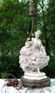 Antique German Volkstedt Dresden Lace Porcelain Lady Figurine Lamp 