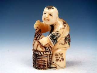 Ox Bone Carved Netsuke Sculpture Boy Hold Bamboo Basket  