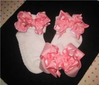 White Socks Hair Bow Set Matching Double Ruffle Sox & Hairbow You Pick 
