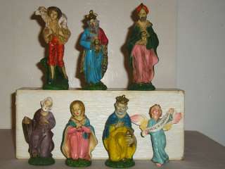 Vintage Italy Christmas Nativity Chalkware Figures 15pcs & Wood Stable 