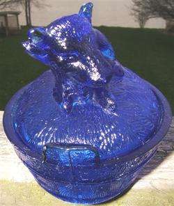 COBALT BLUE GLASS COW IN A BASKET COVERED DISH  