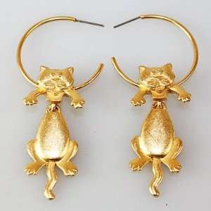  Adorable Gold Tone Dangling Cat on Hoop Earrings 