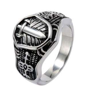   Polished Stainless Steel Biker Ring with a Sword on shield in Center