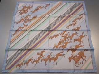 HERMES LES COURSE Horse Racing Brown Green Light Blue Carre Scarf NEW 