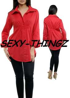 NEW TrEnDy RED FITTED Button Down TUNIC TOP Shirt ~M~  