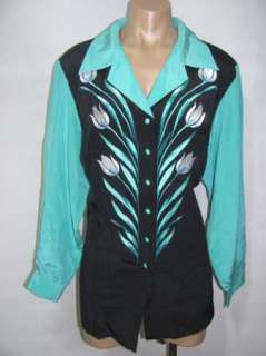 Bob Mackie Wearable Art Green Black 100% Silk Button Down Shirt Top 