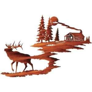  Elk With Log Cabin Metal Wall Art