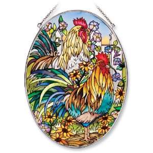Amia Oval Suncatcher with Rooster Design, Hand Painted Glass, 6 1/2 