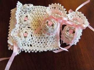 Crochet Baby Bonnet Booties Christening Reborn Doll  