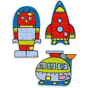  Vilac Set of Three Wood Puzzles, Robot Themed Baby