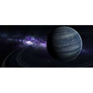  Artists concept of a blue ringed gas giant in front of a 