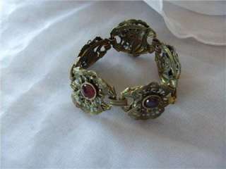 Vtg Antique Bohemian Garnet Ornate Brass Link Bracelet  