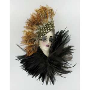    Porcelain Brown Tan Feather Lady Face Wall Art Mask