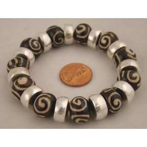  Water Buffalo Bone / Silver Beads Spiral Bracelet Nepal 